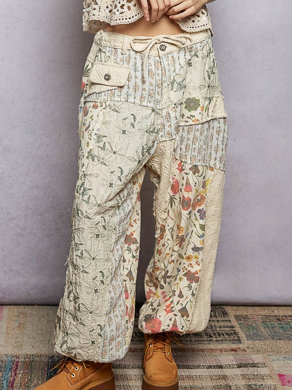 POL Boho Patchwork Floral Cream Wide-Leg Pants SM-LG